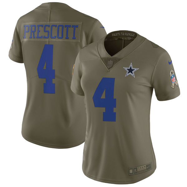 Women Dallas cowboys #4 Prescott Nike Olive Salute To Service Limited NFL Jerseys->->Women Jersey